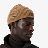 07633 Lacoste Rib Knit Brushed Wool Beanie Brown